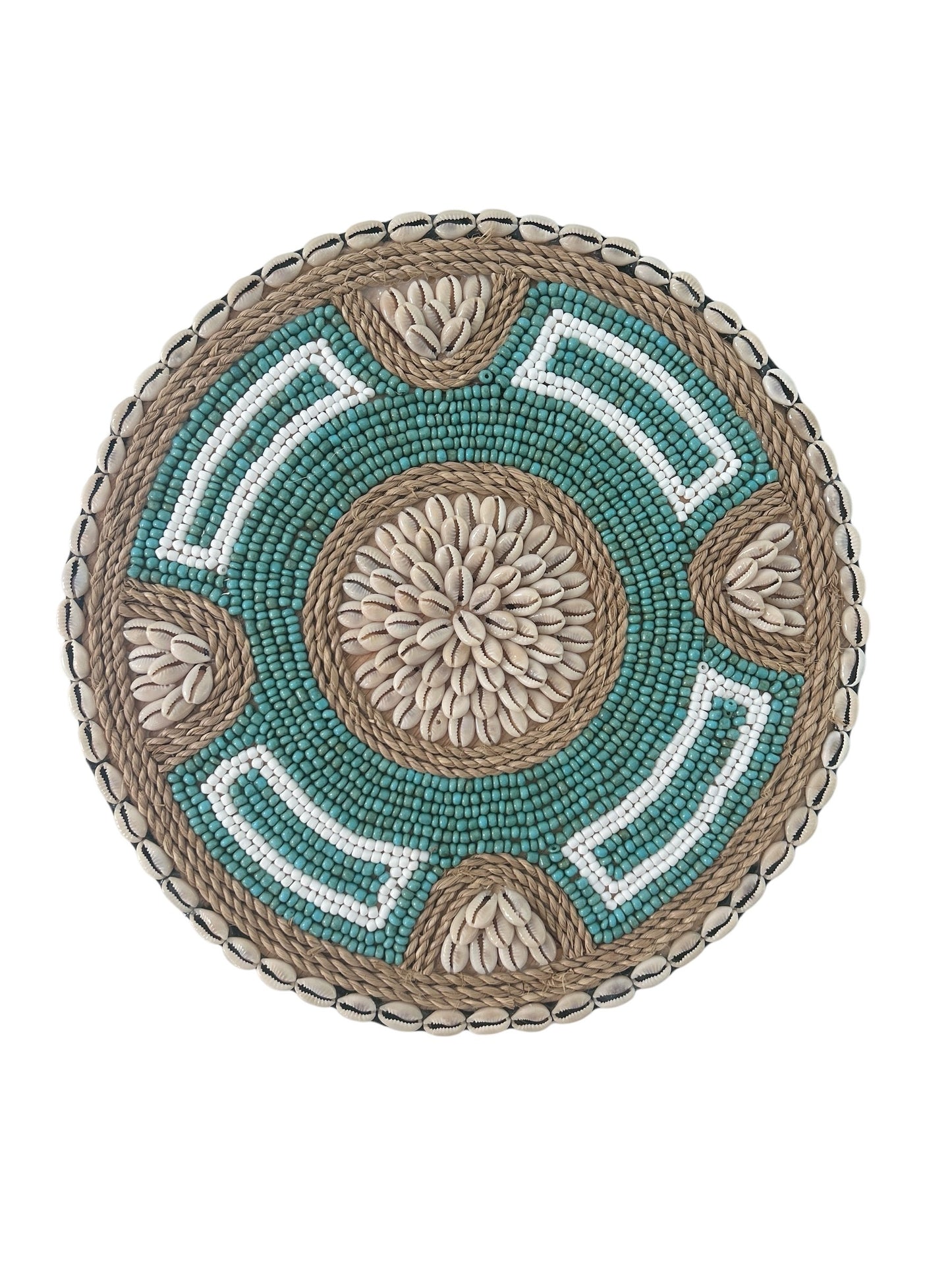 Bead and Shell Wall Plaque - Turquoise and White