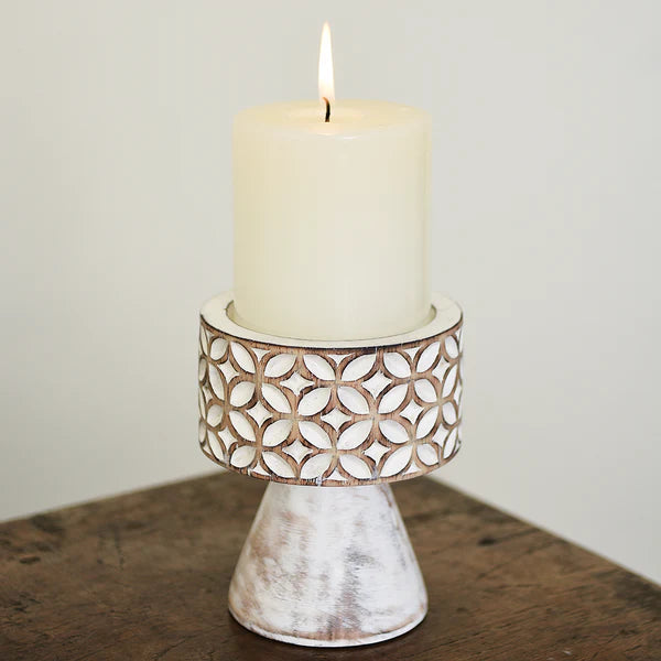 Carved whitewashed candle holder - coffee bean design