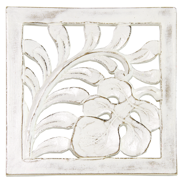 Whitewash Carved Wooden Trivet Tile