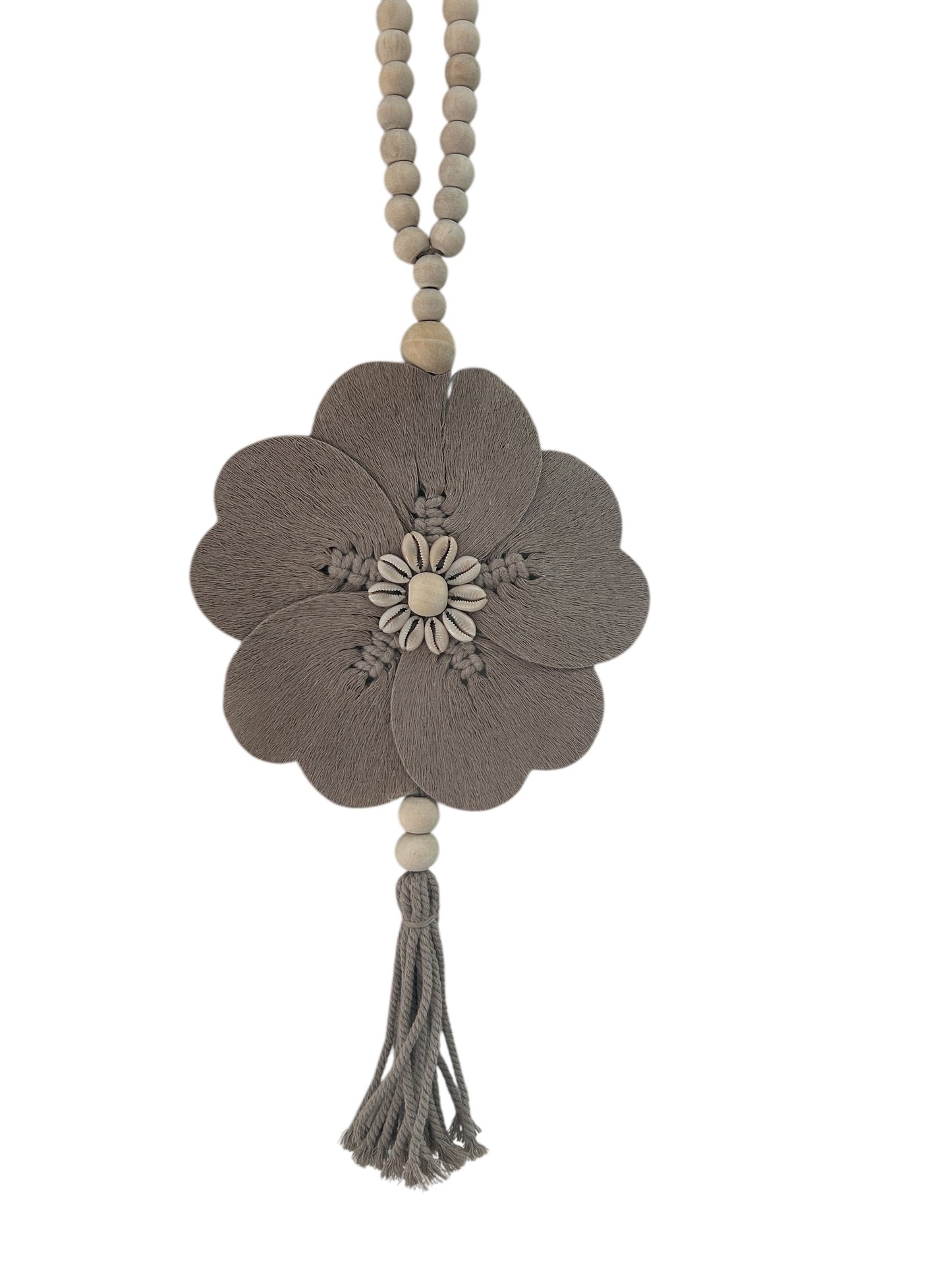 Flower and cowrie shell tassel in Taupe