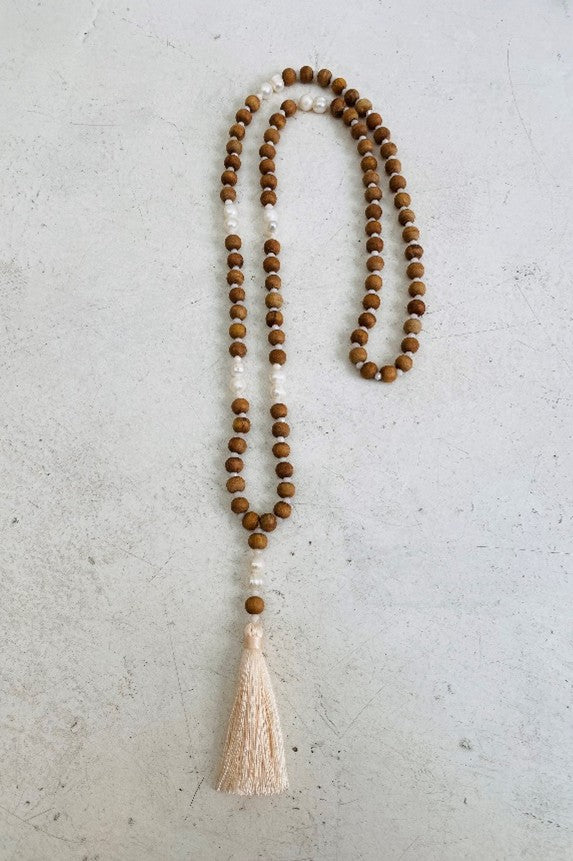 Sandalwood and freshwater pearl long beaded necklace