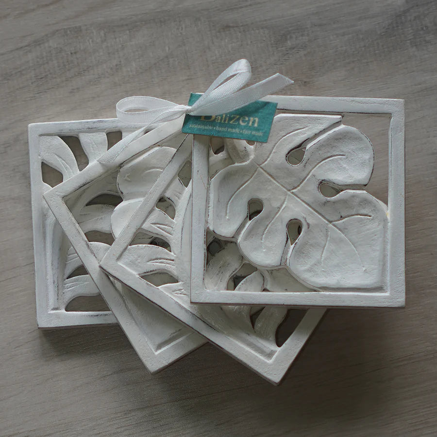 Wooden Leaf Coasters - Whitewash (Set of 4)