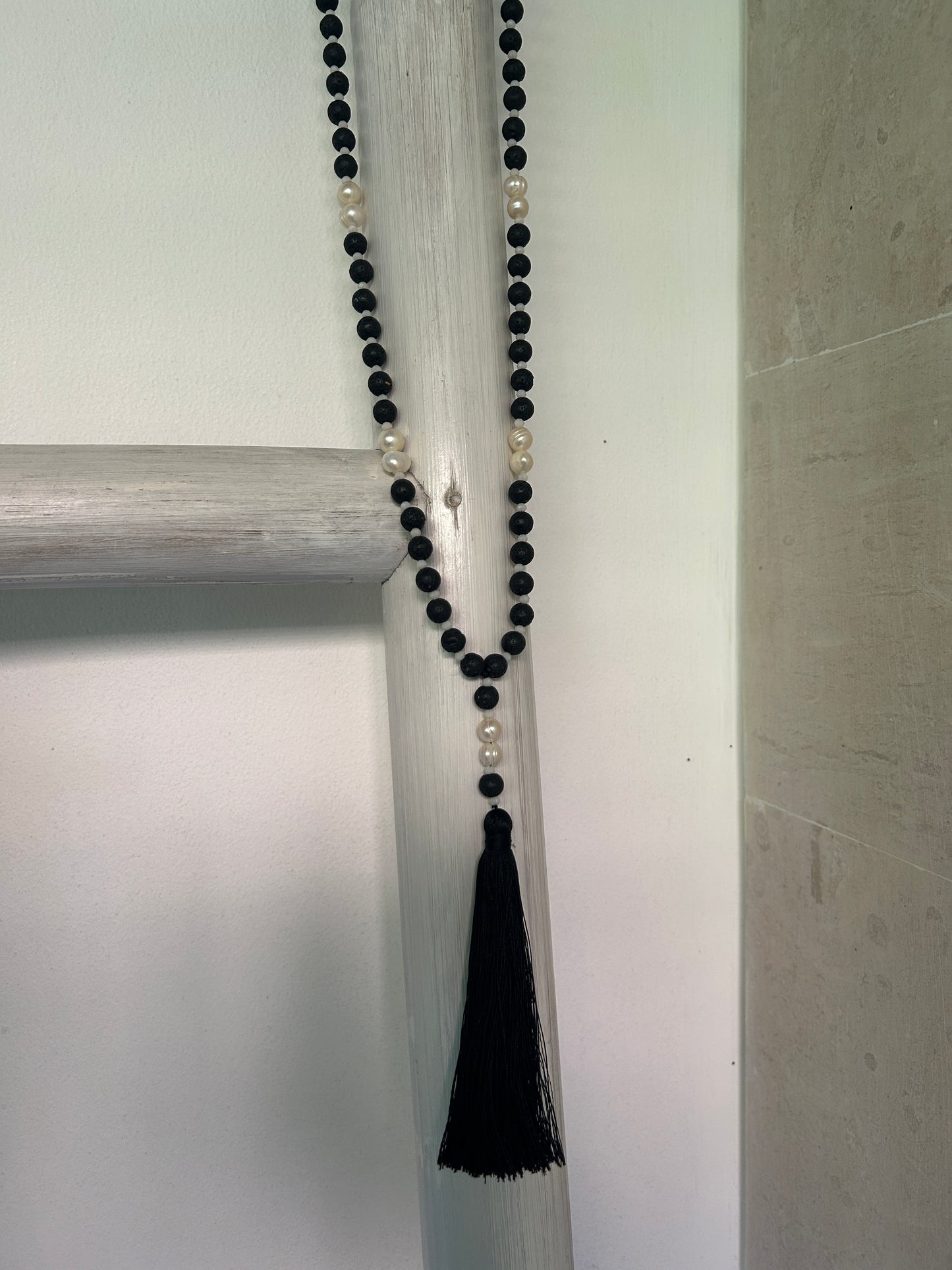 Lava stone and freshwater pearl long beaded necklace