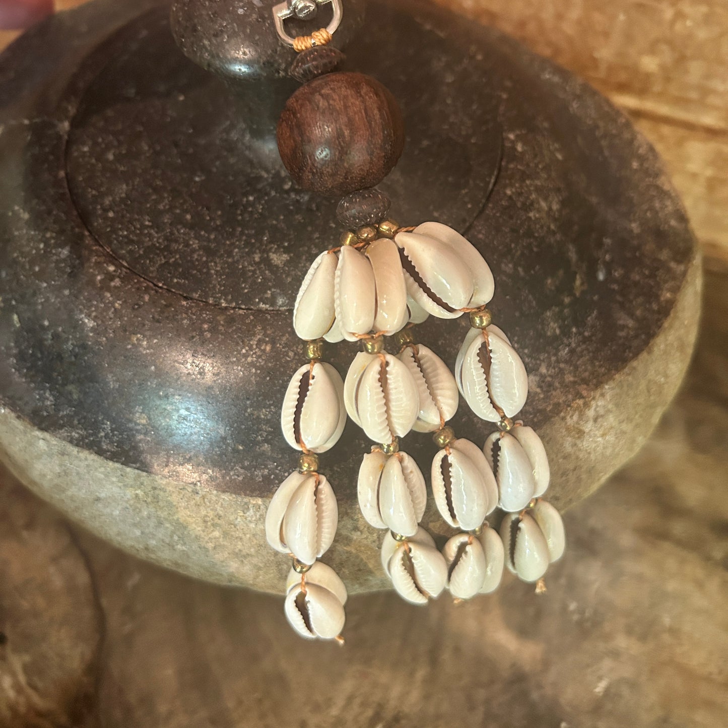 Wood and cowrie Bag Tag