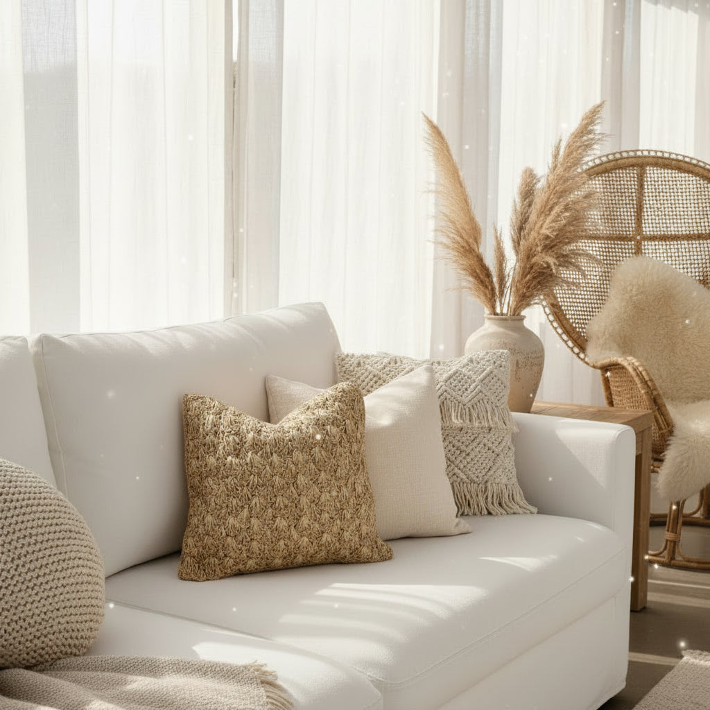 A white sofa in a bright, sunlit room styled with several textured throw pillows, including the amaya raffia cushion cover - a touch of coastal luxe