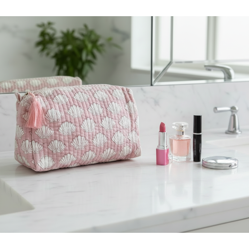 Pink pouch with white shell pattern and pink tassel on a white background