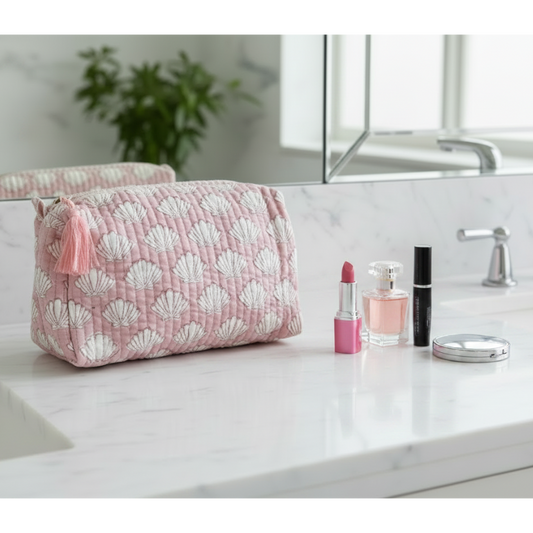Pink pouch with white shell pattern and pink tassel on a white background