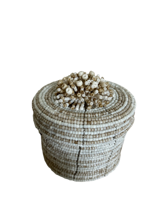 Small Beaded Box - Beige and white