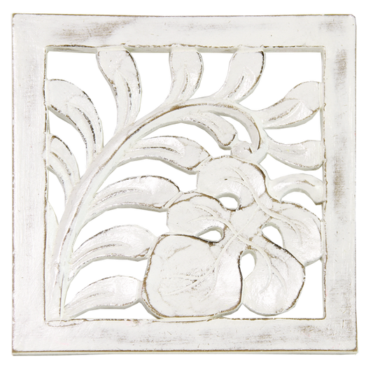 Whitewash Carved Wooden Trivet Tile