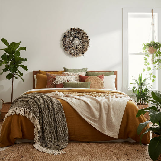 Feathered juju hat centred above bed