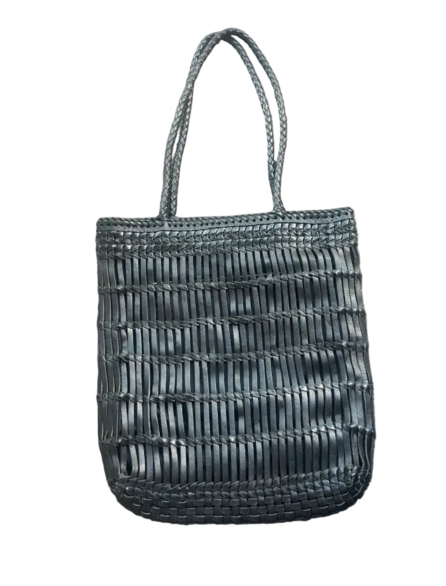 A black genuine leather woven tote bag with two braided shoulder straps, shown against a plain white background.