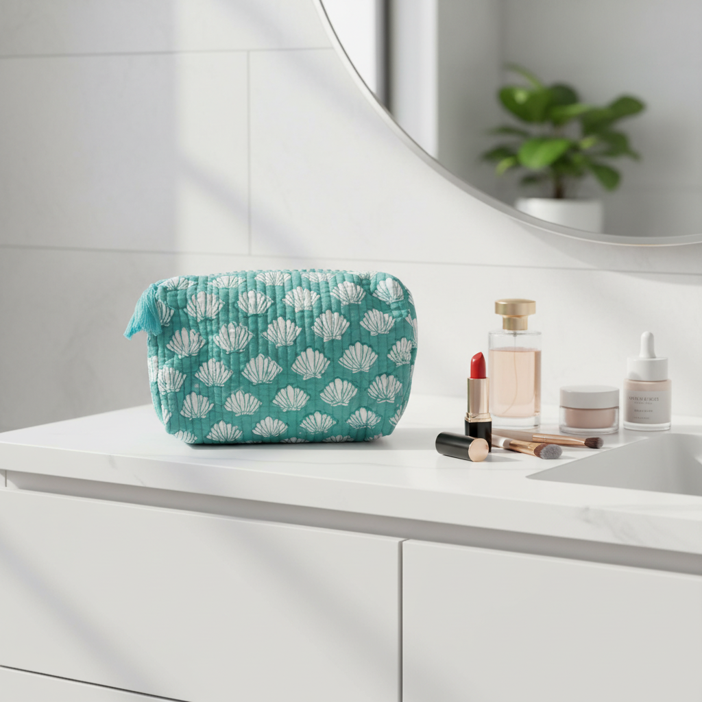 Turquoise cosmetic bag block printed with white shell pattern on a white bathroom vanity
