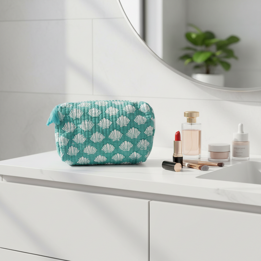Turquoise cosmetic bag block printed with white shell pattern on a white bathroom vanity