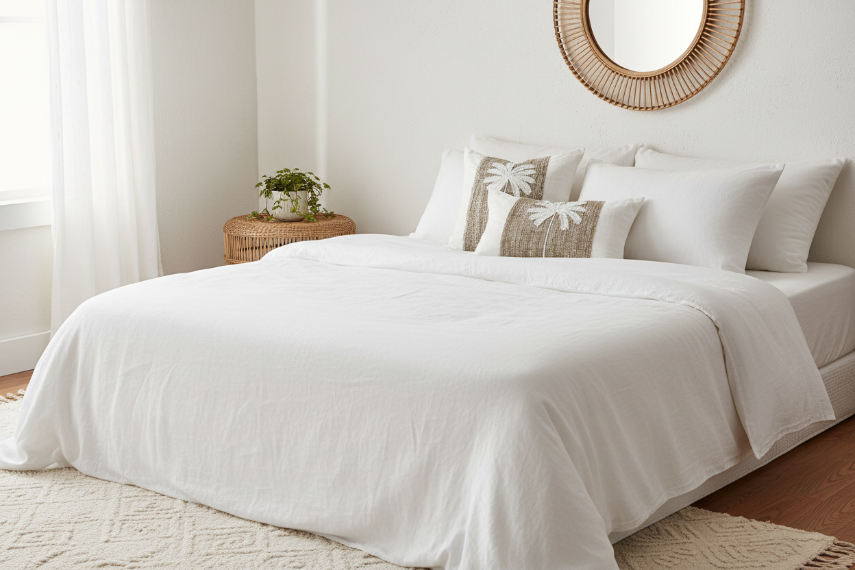 A neatly made bed dressed in white bedding, styled with white and beige palm tree patterned accent pillows in a bright, minimalist bedroom setting. Coastal luxe.