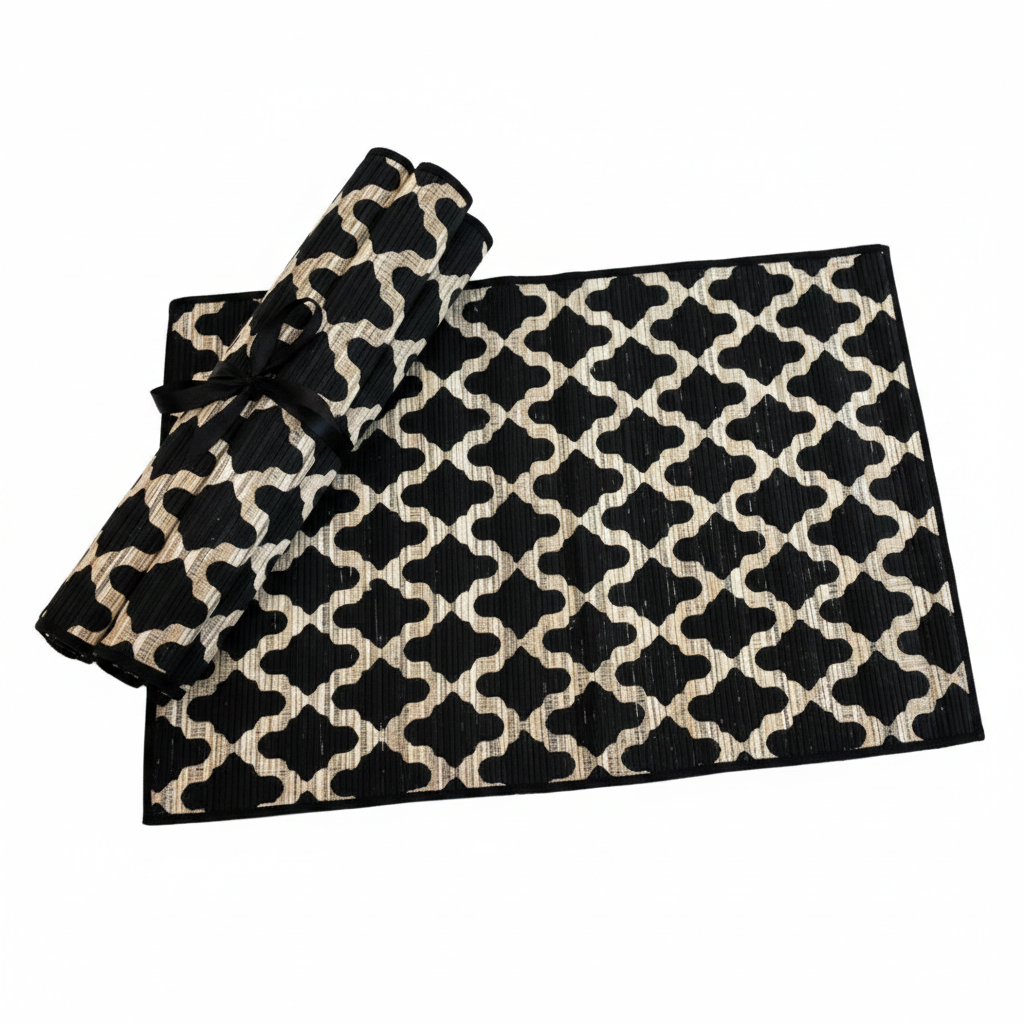 A black and beige geometric trellis pattern placemat - set of 6
