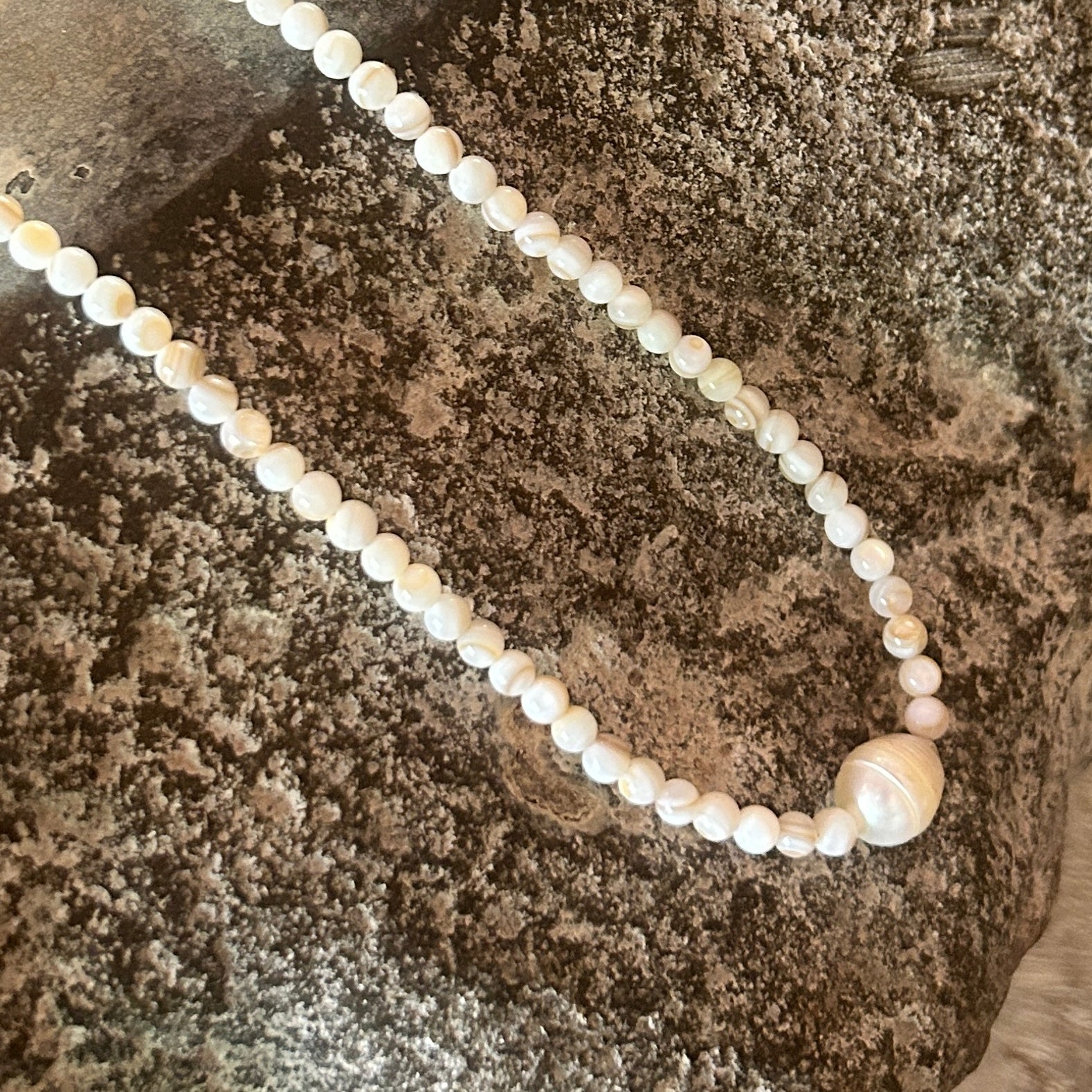 Natural semi prescious bead necklace with single pearl hero bead 