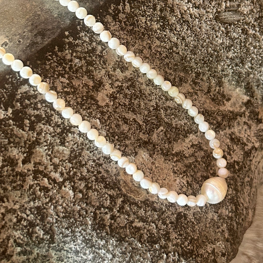 Natural semi prescious bead necklace with single pearl hero bead 