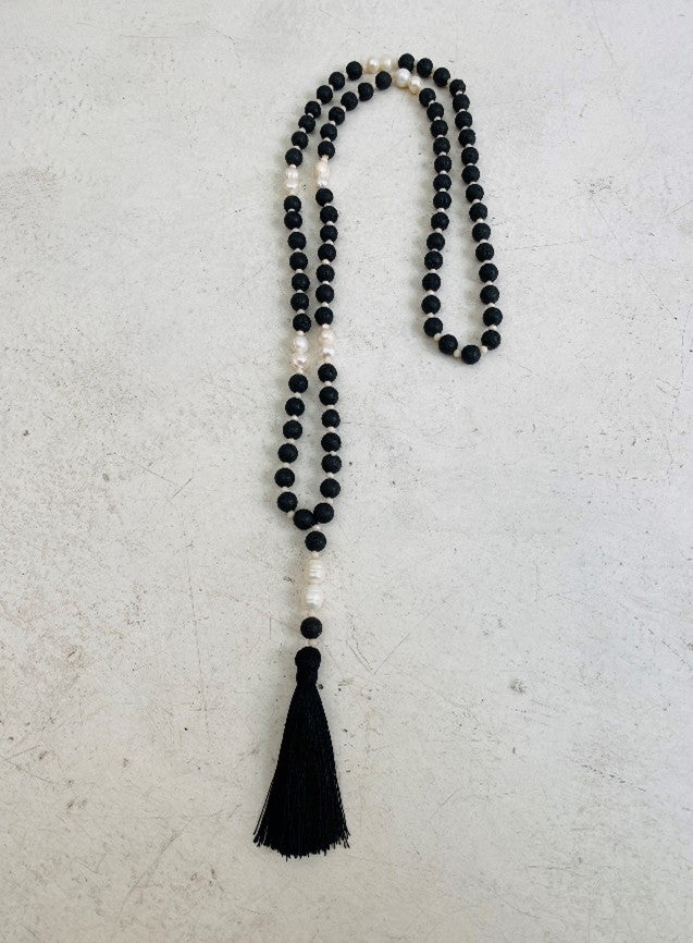 Lava stone and freshwater pearl long beaded necklace