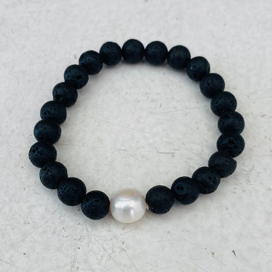 Lava stone bracelet with single large pearl