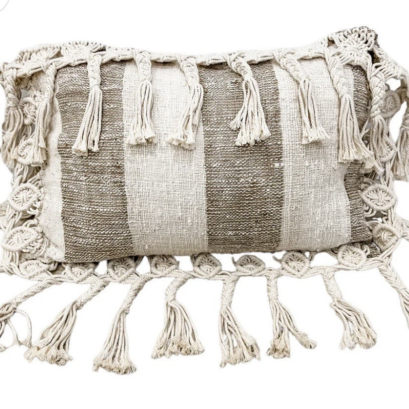 Natural and mushroom colour striped decorative pillow with tassels