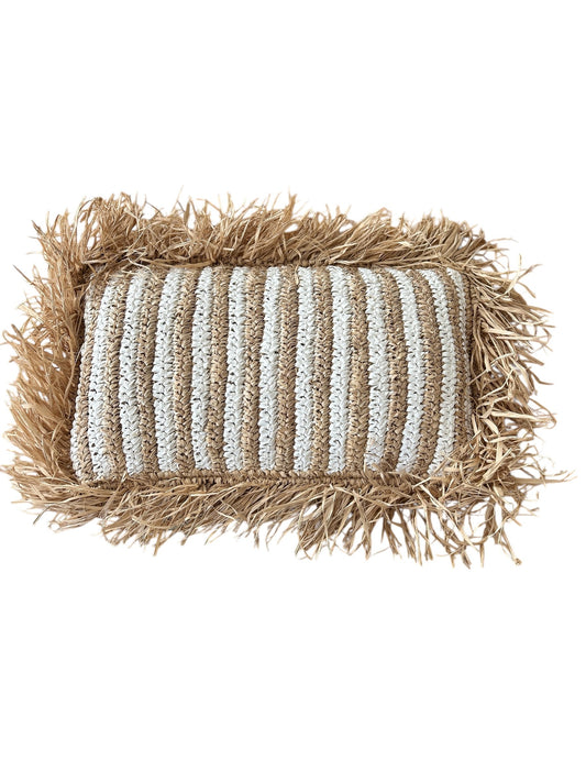 Striped raffia cushion cover with fringe
